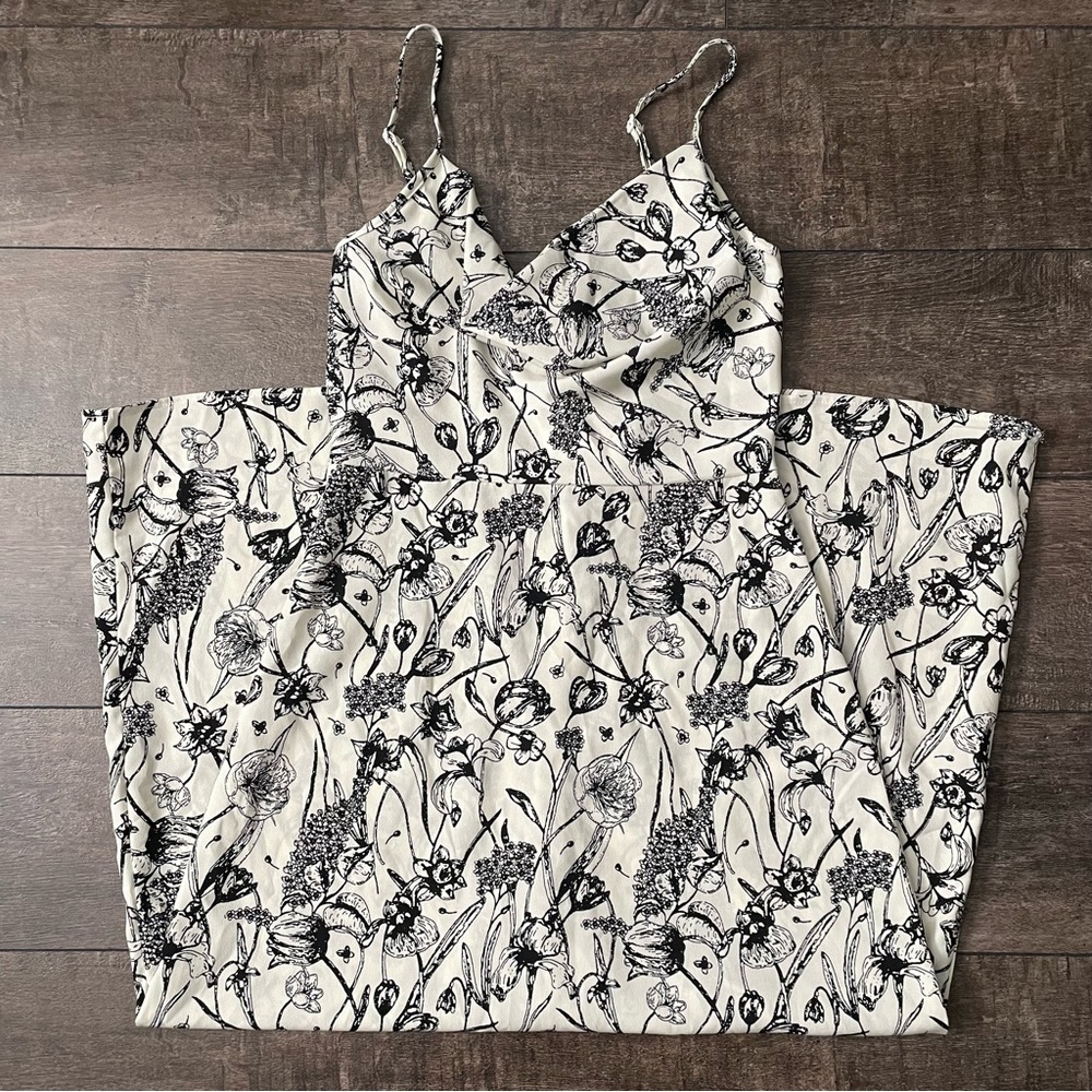 White and black floral print maxi slip dress with adjustable straps